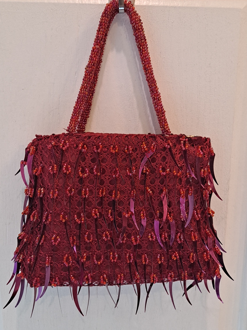 Red Beaded Dangling Sequin Fringe Crochet Lace Satin Shoulder Bag Statement